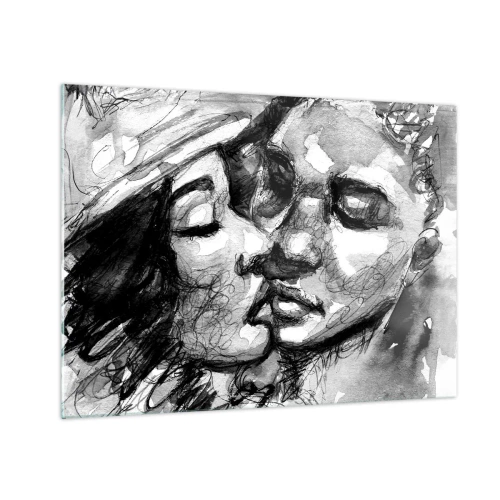 Tablou pe sticlă - Schiță alb-negru a unui sărut tandru - 70x50cm - Un moment de tandrețe - Decorațiune modernă pentru perete pentru living și dormitor ARTTOR