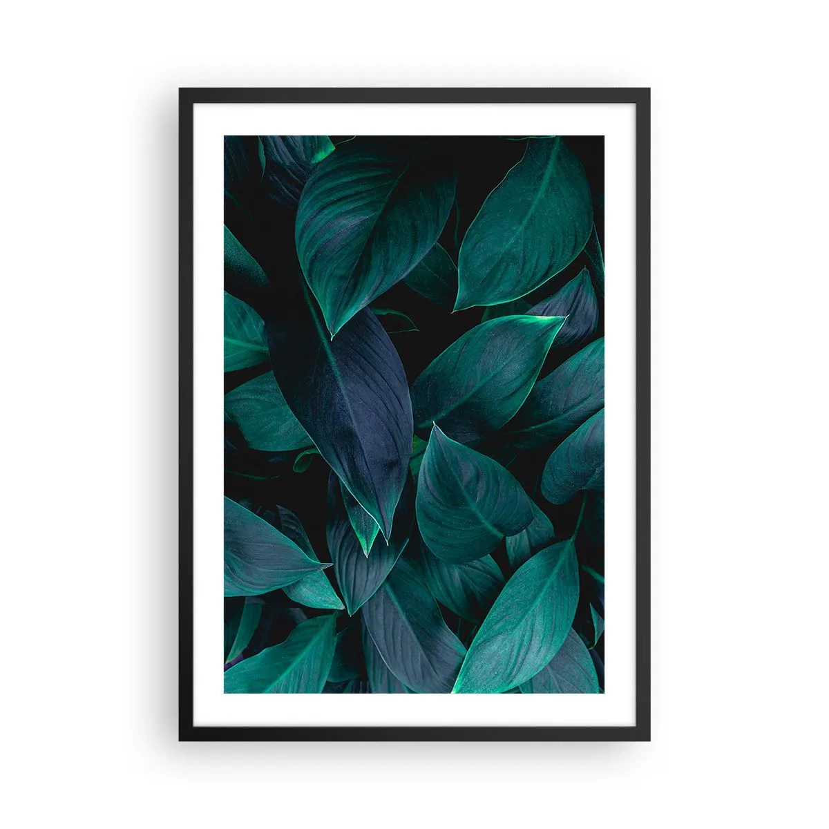 Poster în ramă neagră - Frunze verde închis cu iluminare subtilă din spate - 50x70cm - Verdeața în sine - Decorațiune modernă pentru perete pentru living și dormitor ARTTOR