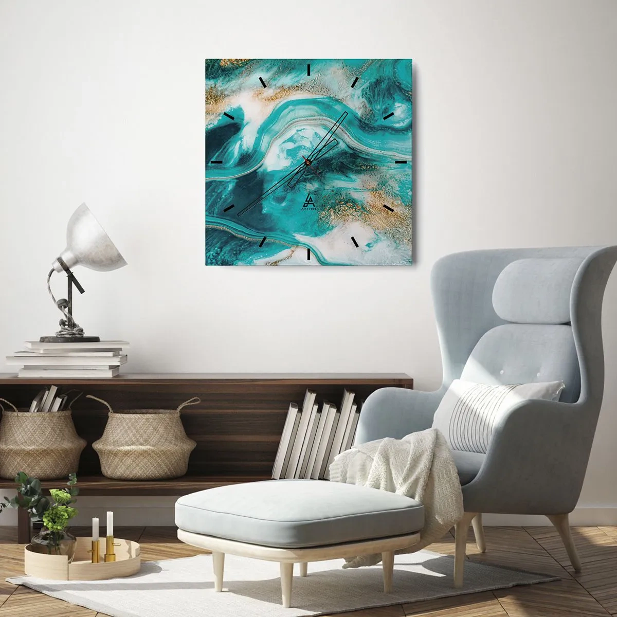 Ceas de perete - Ceas pe sticlă - Râul de aur - 40x40 cm