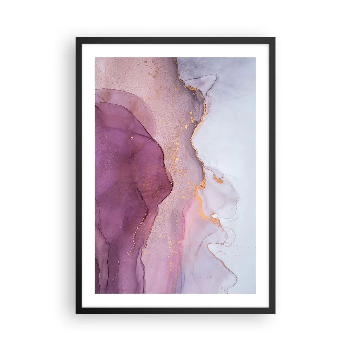 Poster în ramă neagră - Valuri abstracte în nuanțe de liliac și violet cu accente aurii - 50x70cm - Valuri de liliac și violet - Decorațiune modernă pentru perete pentru living și dormitor ARTTOR