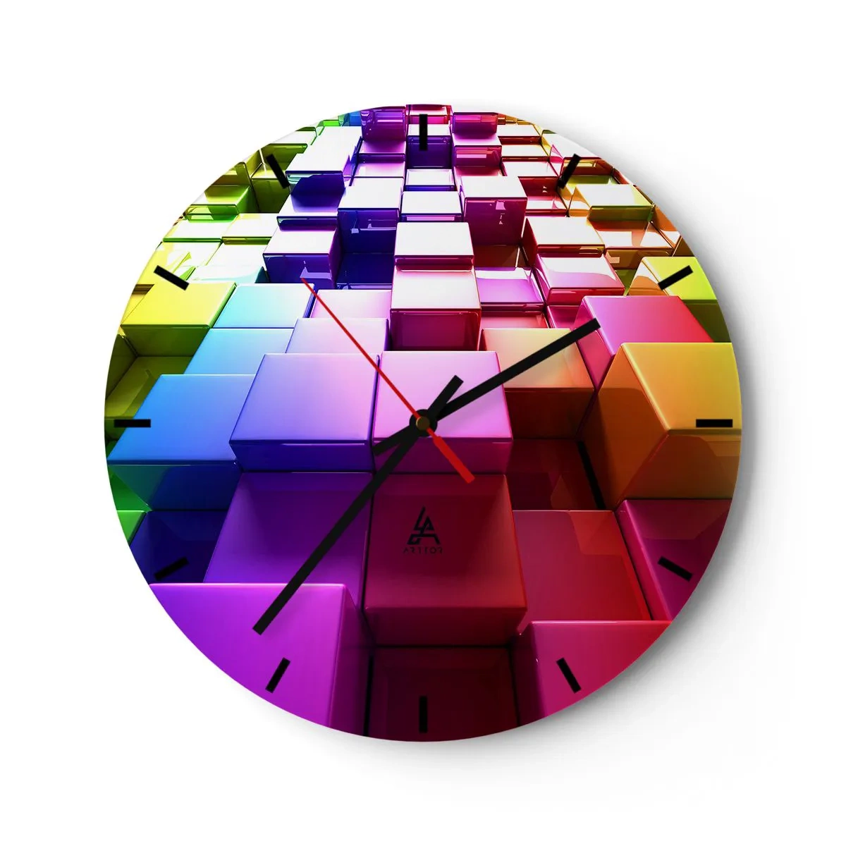 Ceas de perete - Ceas pe sticlă - Cuburi colorate într-o compoziție geometrică - 30x30cm - Op-art împreună ca o echipă - Decorațiune modernă pentru perete pentru living, bucătărie și dormitor ARTTOR