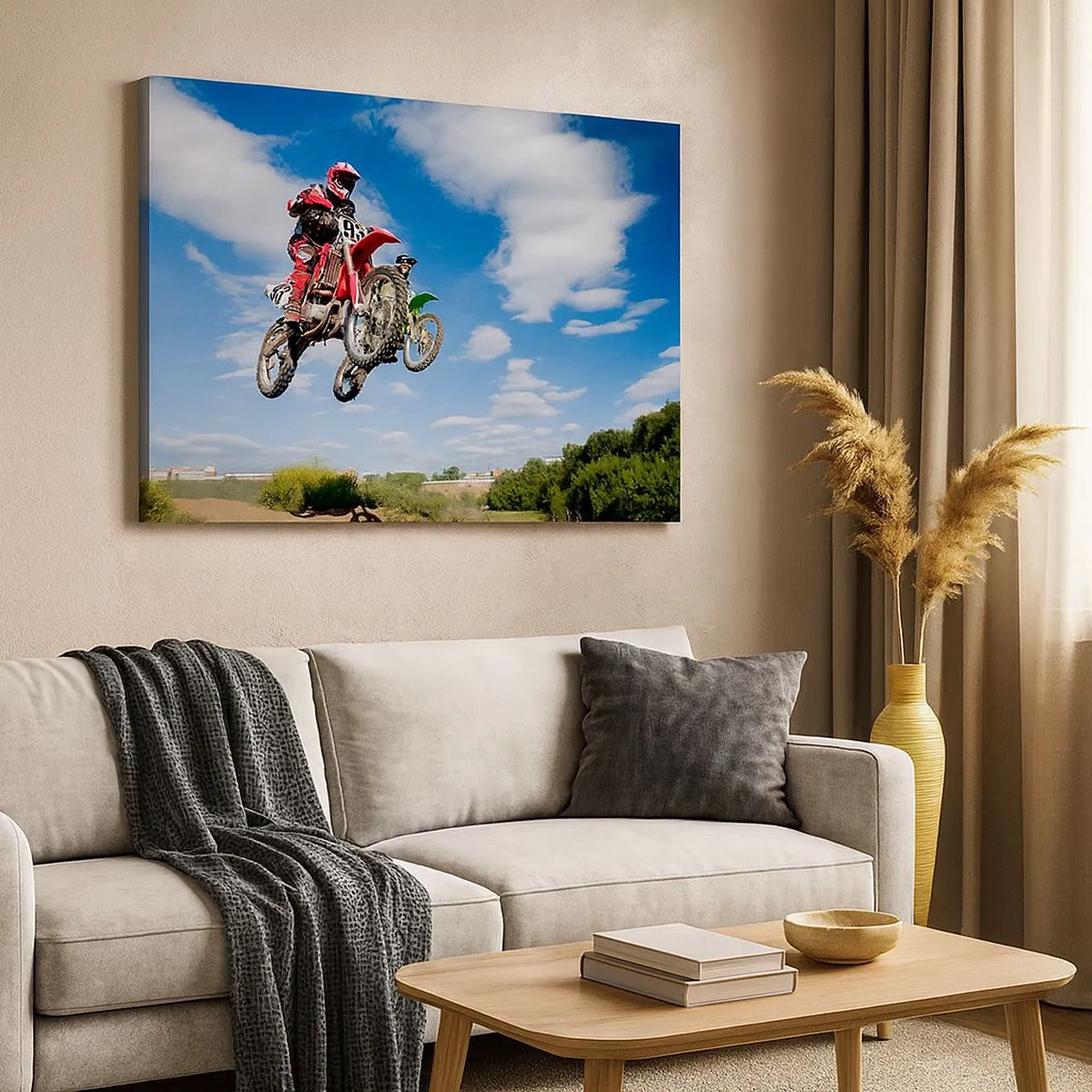 Tablou pe pânză Canvas - Motocrosseri în aer în timpul unei sărituri - 70x50cm - Salt în cer - Decorațiune modernă pentru perete pentru living și dormitor ARTTOR