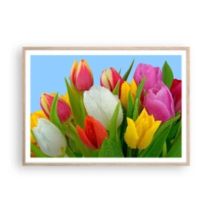 Poster în ramă de stejar deschis - Un curcubeu floral în picături de rouă - 100x70 cm
