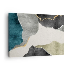 Tablou pe pânză Canvas - Forme geometrice în nuanțe de gri, verde și auriu - 70x50cm - Compoziție mozaic cu fir de aur - Decorațiune modernă pentru perete pentru living și dormitor ARTTOR