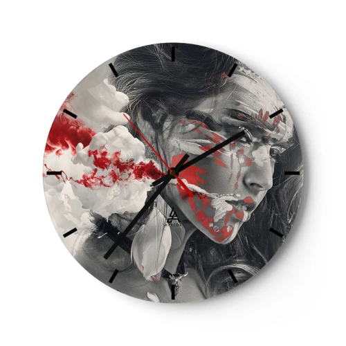 Ceas de perete - Ceas pe sticlă - Fața unei femei cu accente abstracte roșii și albe - 30x30cm - În aburul absurdului - Decorațiune modernă pentru perete pentru living, bucătărie și dormitor ARTTOR