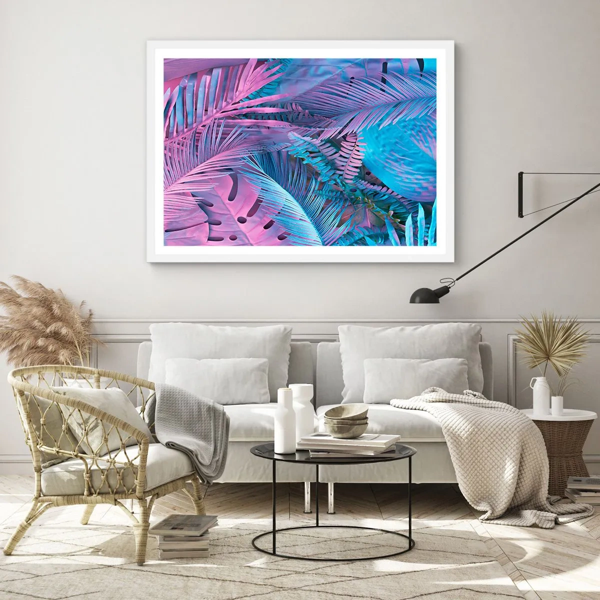 Poster în ramă albă - Palmieri în alb și albastru - 40x30 cm