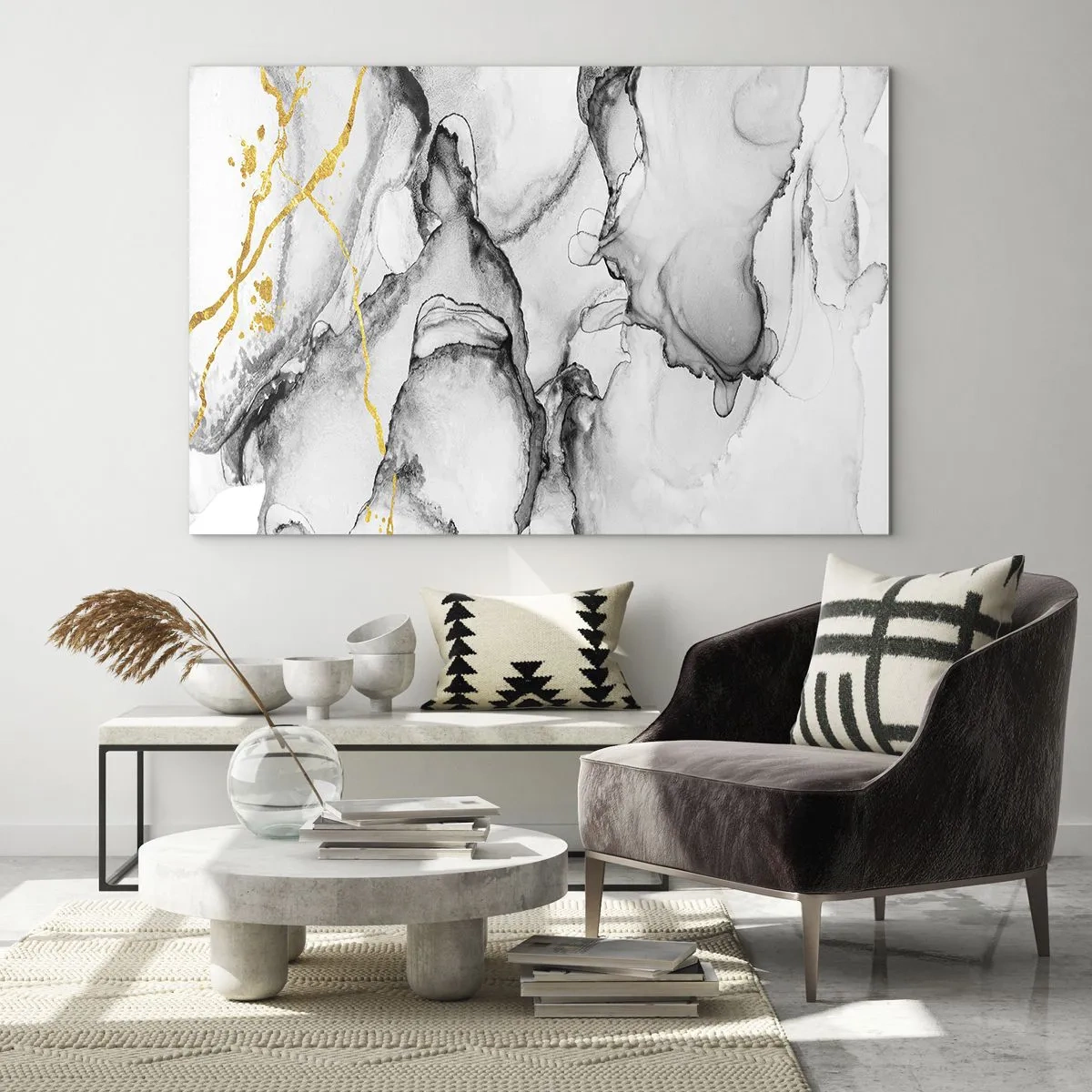 Tablou pe sticlă - Compoziție abstractă alb-negru cu accent auriu - 70x50cm - Compoziție cu motiv auriu - Decorațiune modernă pentru perete pentru living și dormitor ARTTOR