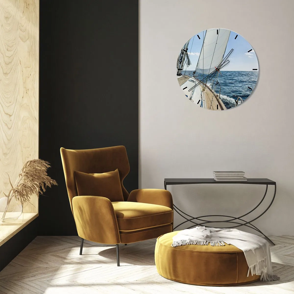 Ceas de perete - Ceas pe sticlă - Puntea unei bărci cu pânze în largul mării într-o zi însorită - 30x30cm - Ahoy aventura - Decorațiune modernă pentru perete pentru living, bucătărie și dormitor ARTTOR