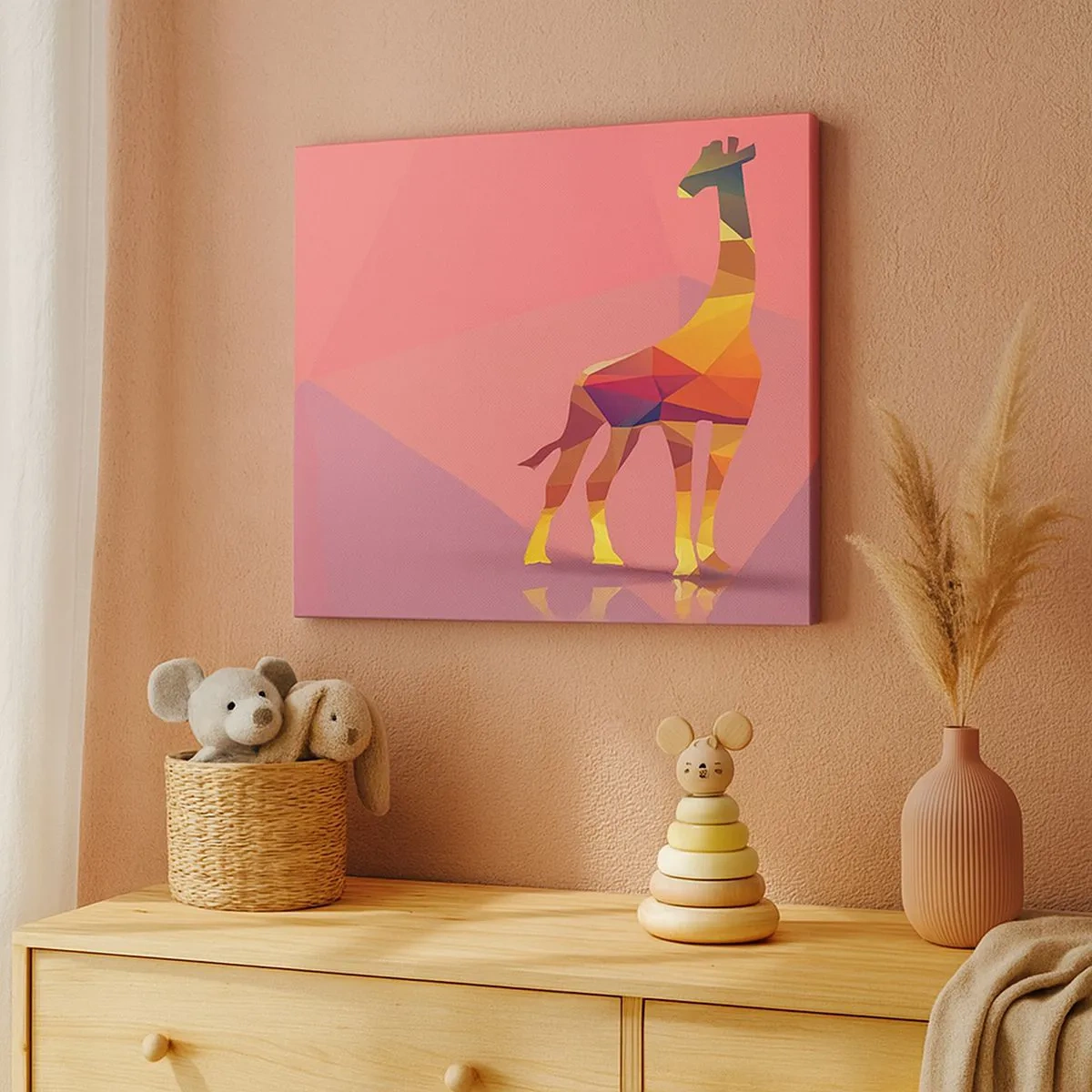 Tablou pe pânză Canvas - Siluetă geometrică de girafă în nuanțe pastelate de roz și galben - 70x50cm - În culorile savanei - Decorațiune modernă pentru perete pentru living și dormitor ARTTOR