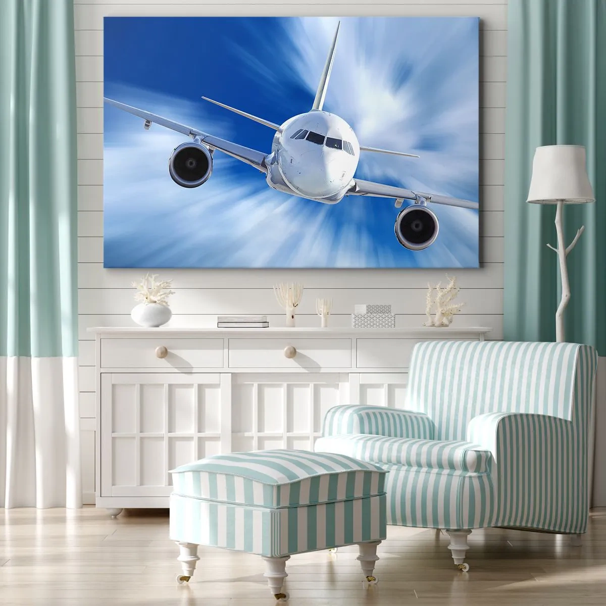 Tablou pe pânză Canvas - Un avion de pasageri în mișcare pe cer - 70x50cm - Mai repede decât vântul pe cer - Decorațiune modernă pentru perete pentru living și dormitor ARTTOR