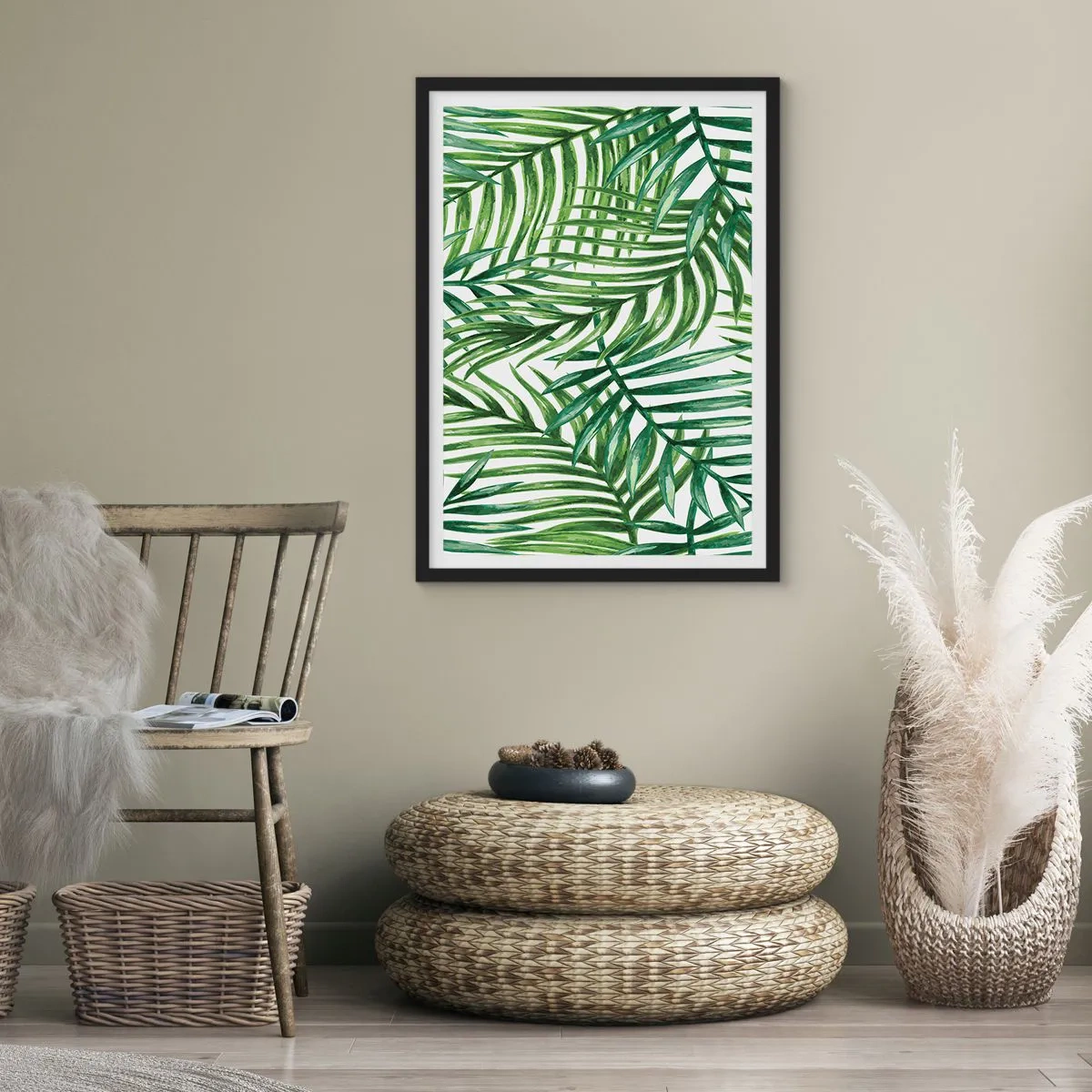 Poster în ramă neagră - Palmieri într-un model botanic minimalist - 50x70cm - Sub bolta verde - Decorațiune modernă pentru perete pentru living și dormitor ARTTOR