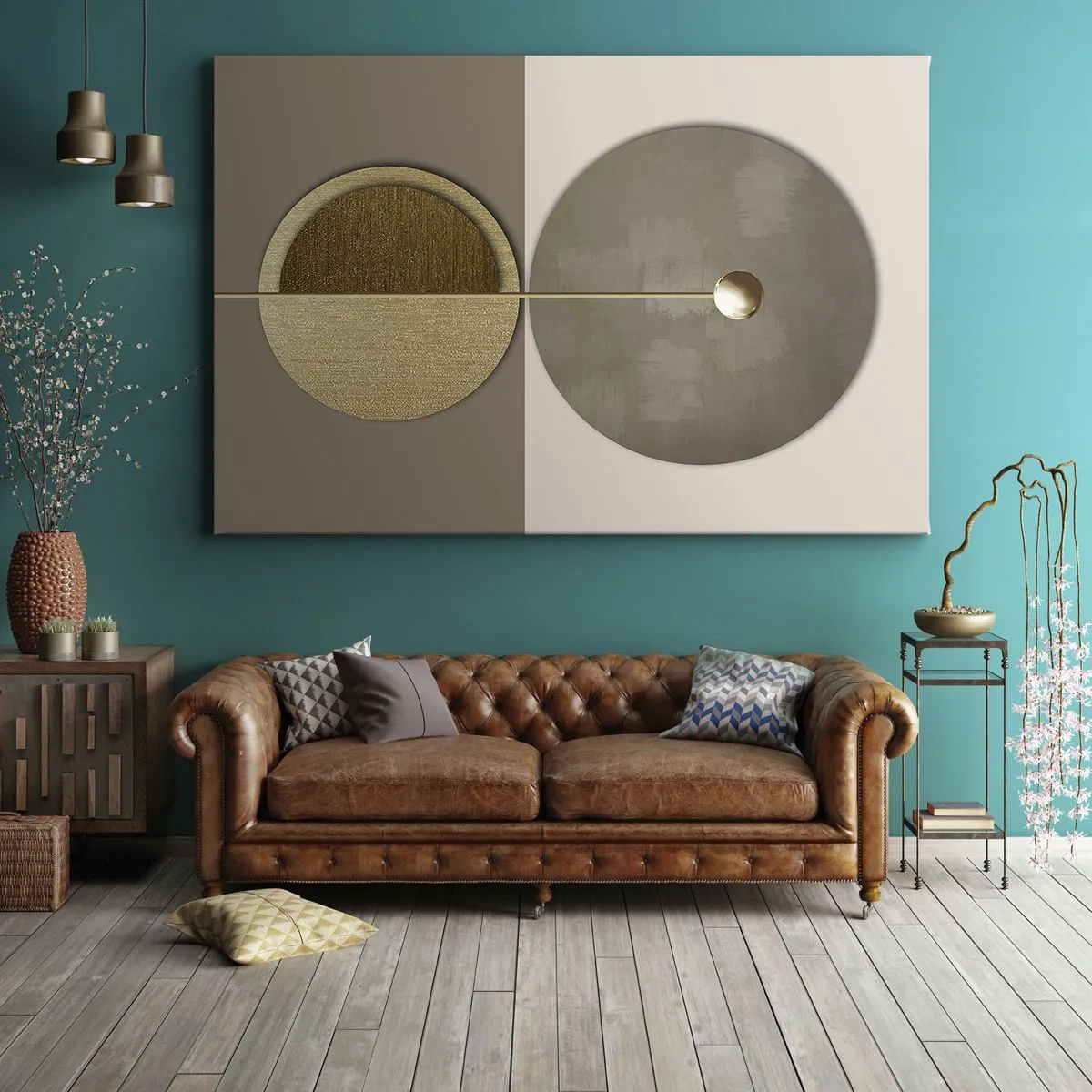 Tablou pe pânză Canvas - Cercuri abstracte în nuanțe de auriu și bej - 70x50cm - Echilibru perfect - Decorațiune modernă pentru perete pentru living și dormitor ARTTOR