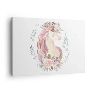 Tablou pe pânză Canvas - Un unicorn în culori pastelate înconjurat de flori - 70x50cm - O invitație în lumea basmelor - Decorațiune modernă pentru perete pentru living și dormitor ARTTOR