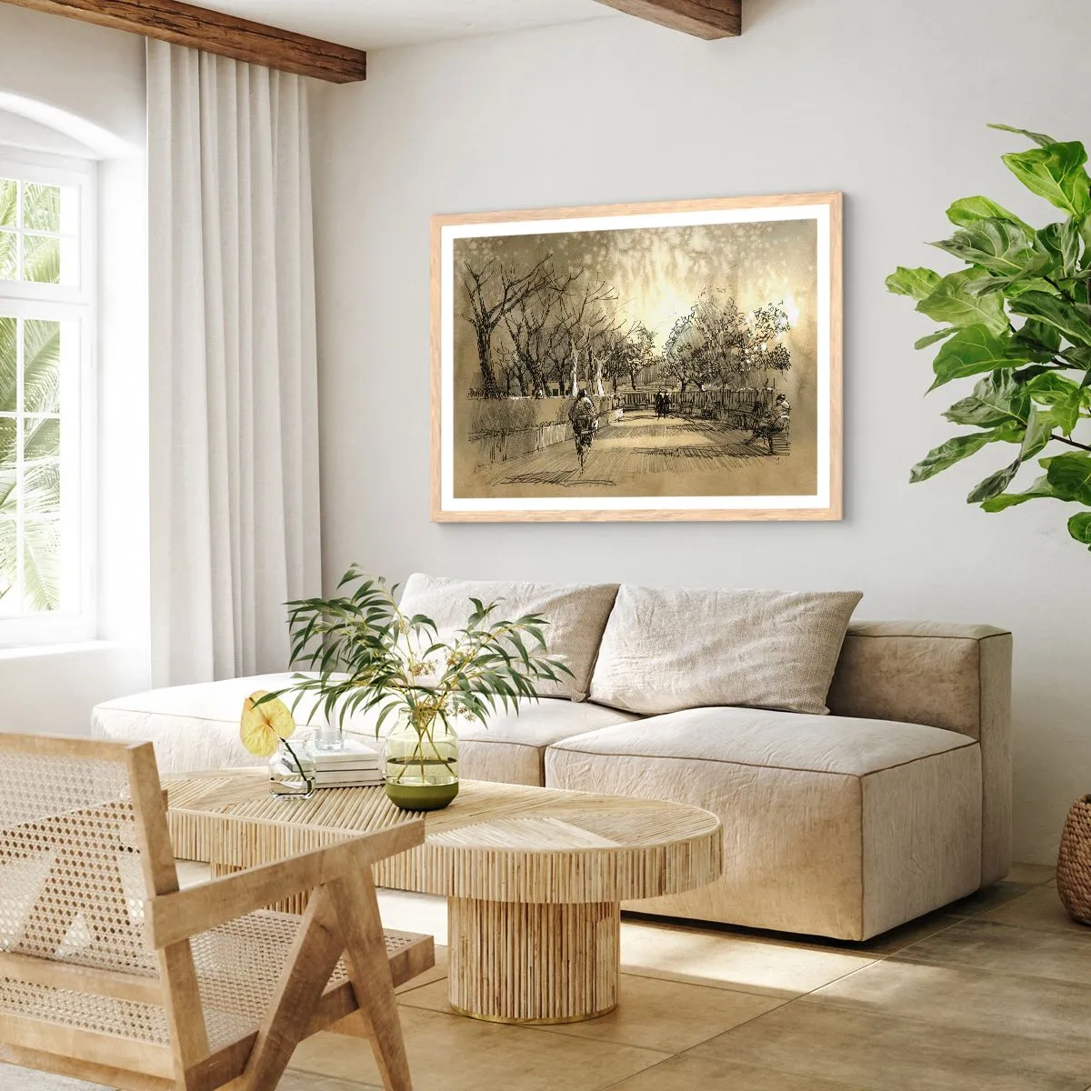 Poster în ramă de stejar deschis - Un moment reținut cu pene - 91x61 cm