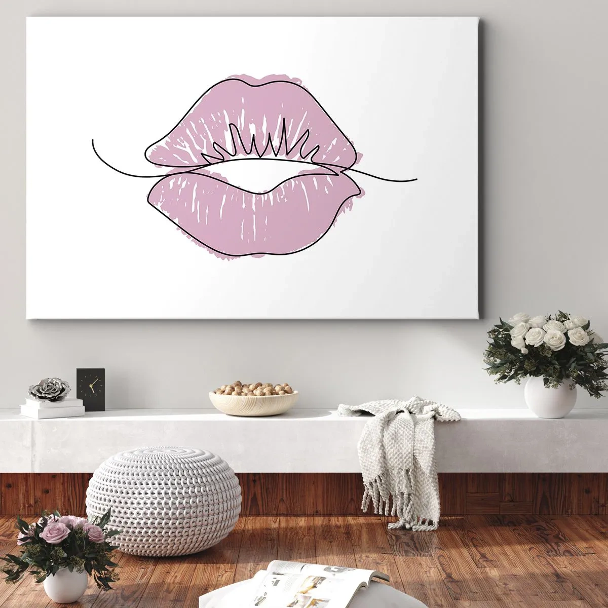 Tablou pe pânză Canvas - Desen minimalist al buzelor într-o nuanță roz - 70x50cm - Vrei un sărut? - Decorațiune modernă pentru perete pentru living și dormitor ARTTOR