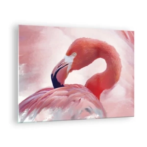 Tablou pe sticlă - Un flamingo roz se întoarce grațios într-o parte - 70x50cm - Frumusețea păsărilor - Decorațiune modernă pentru perete pentru living și dormitor ARTTOR