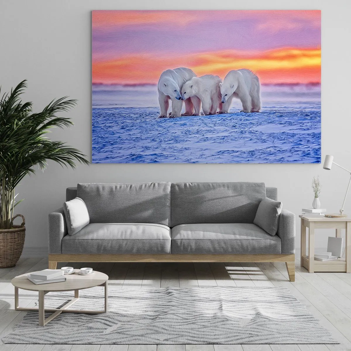 Tablou pe sticlă - Trei urși polari pe un fundal înzăpezit la apus - 70x50cm - Căldura familiei este suficientă - Decorațiune modernă pentru perete pentru living și dormitor ARTTOR