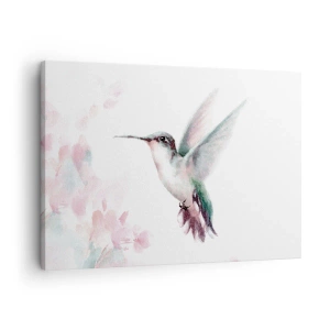 Tablou pe pânză Canvas - O colibri în culori pastelate delicate pe un fundal de flori - 70x50cm - Oprit în mișcare - Decorațiune modernă pentru perete pentru living și dormitor ARTTOR