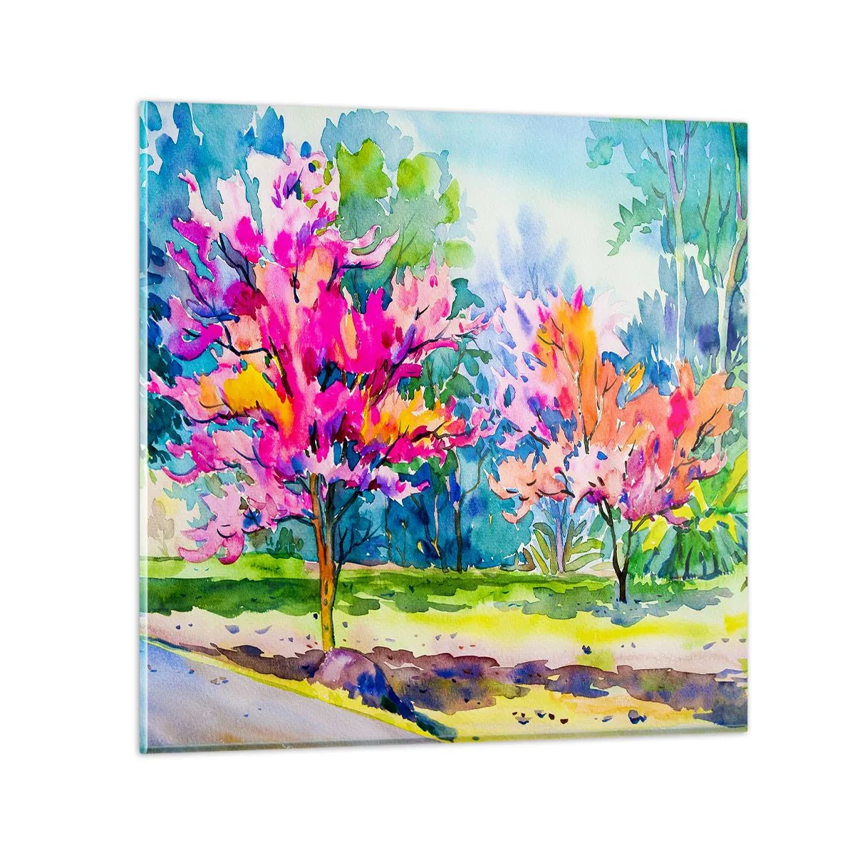 Tablou pe sticlă - Grădina curcubeului în splendoarea primăverii - 30x30 cm