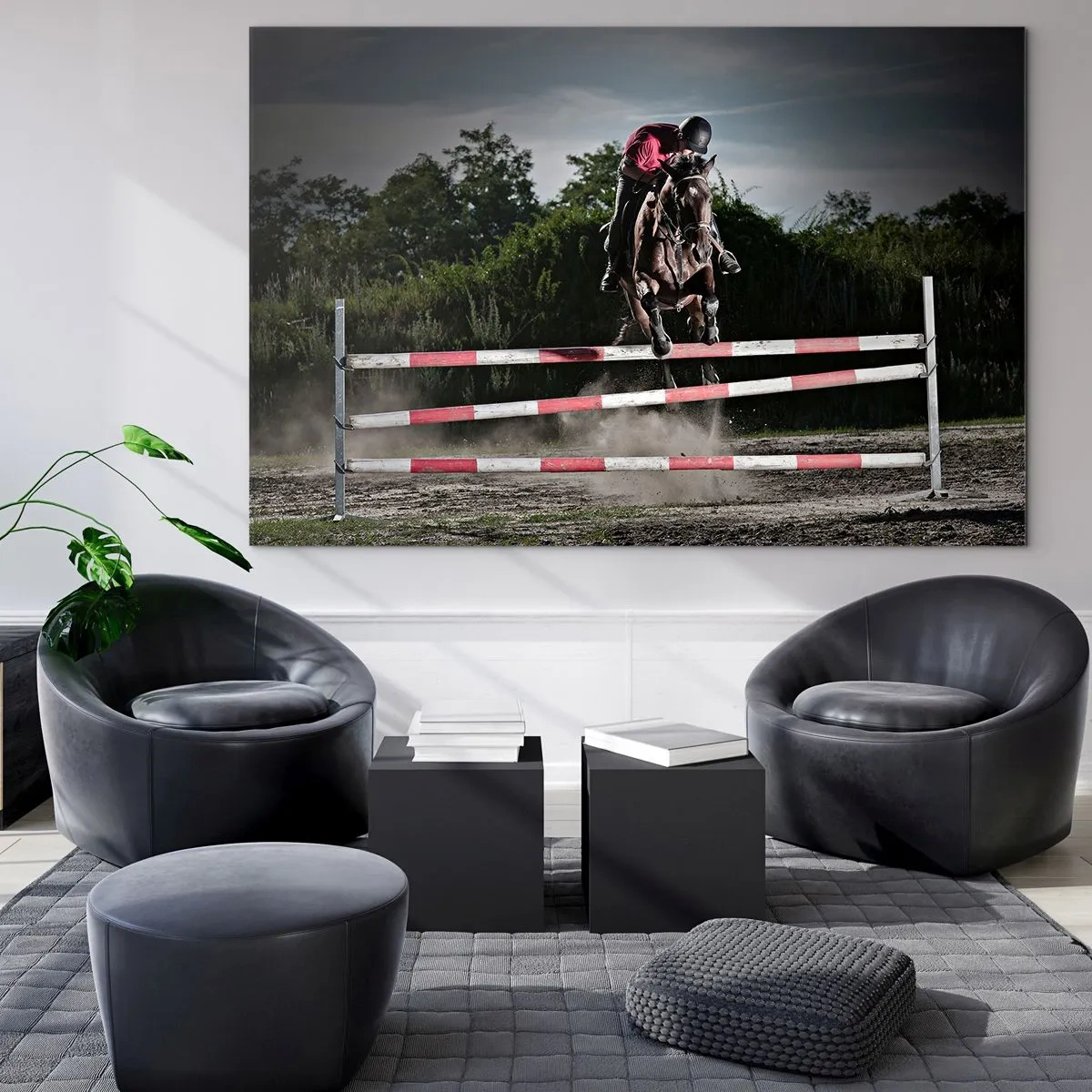 Tablou pe sticlă - Un călăreț pe un cal sare peste un obstacol pe fundalul naturii - 70x50cm - Împreună pentru victorie - Decorațiune modernă pentru perete pentru living și dormitor ARTTOR