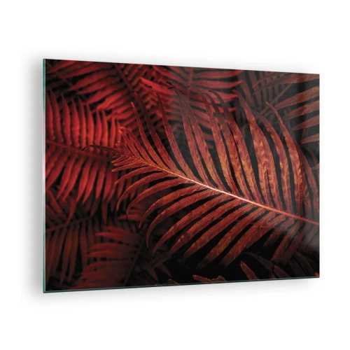 Tablou pe sticlă - Frunze roșii ale unei plante tropicale pe un fundal întunecat - 70x50cm - Ardoarea vieții - Decorațiune modernă pentru perete pentru living și dormitor ARTTOR