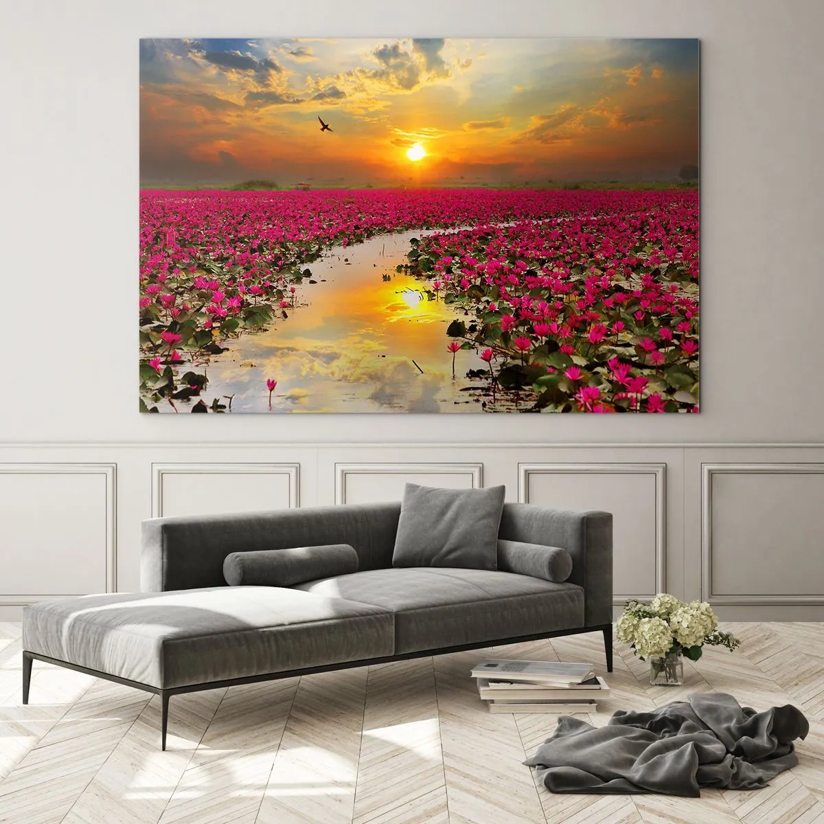Tablou pe sticlă - Nuferi roz pe un lac la apus - 70x50cm - Viața secretă a lacului - Decorațiune modernă pentru perete pentru living și dormitor ARTTOR