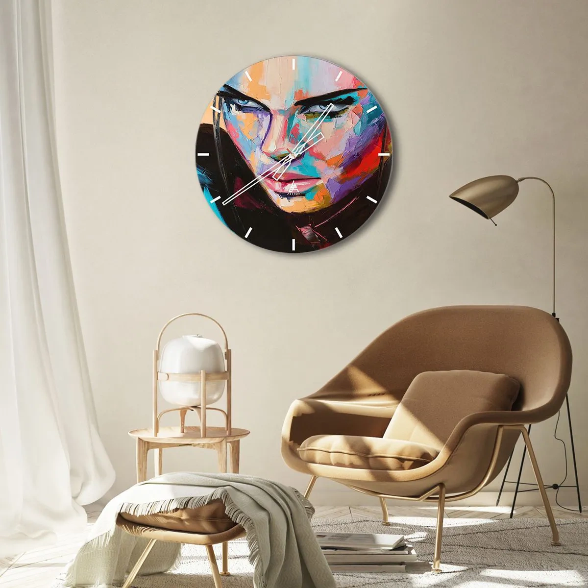 Ceas de perete - Ceas pe sticlă - Portret abstract al unei femei - 30x30cm - Sălbăticia inimii - Decorațiune modernă pentru perete pentru living, bucătărie și dormitor ARTTOR