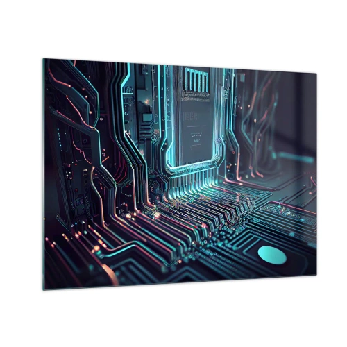 Tablou pe sticlă - Vizualizare neon a urmelor procesorului pe fundal negru - 70x50cm - Iată la ce mă gândesc... - Decorațiune modernă pentru perete pentru living și dormitor ARTTOR