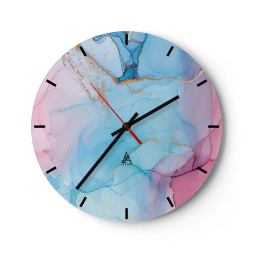 Ceas de perete - Ceas pe sticlă - Abstracție în culori pastelate cu accente aurii - 30x30cm - Întâlnire și întrepătrundere - Decorațiune modernă pentru perete pentru living, bucătărie și dormitor ARTTOR