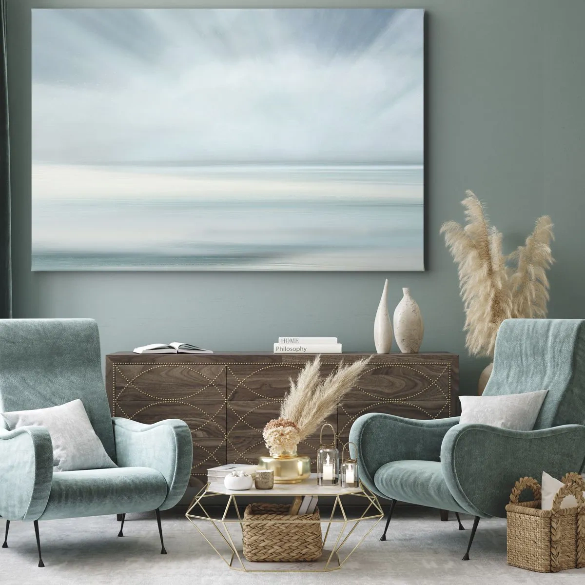 Tablou pe pânză Canvas - Un peisaj minimalist în nuanțe delicate de albastru - 70x50cm - Liniște până la orizont - Decorațiune modernă pentru perete pentru living și dormitor ARTTOR