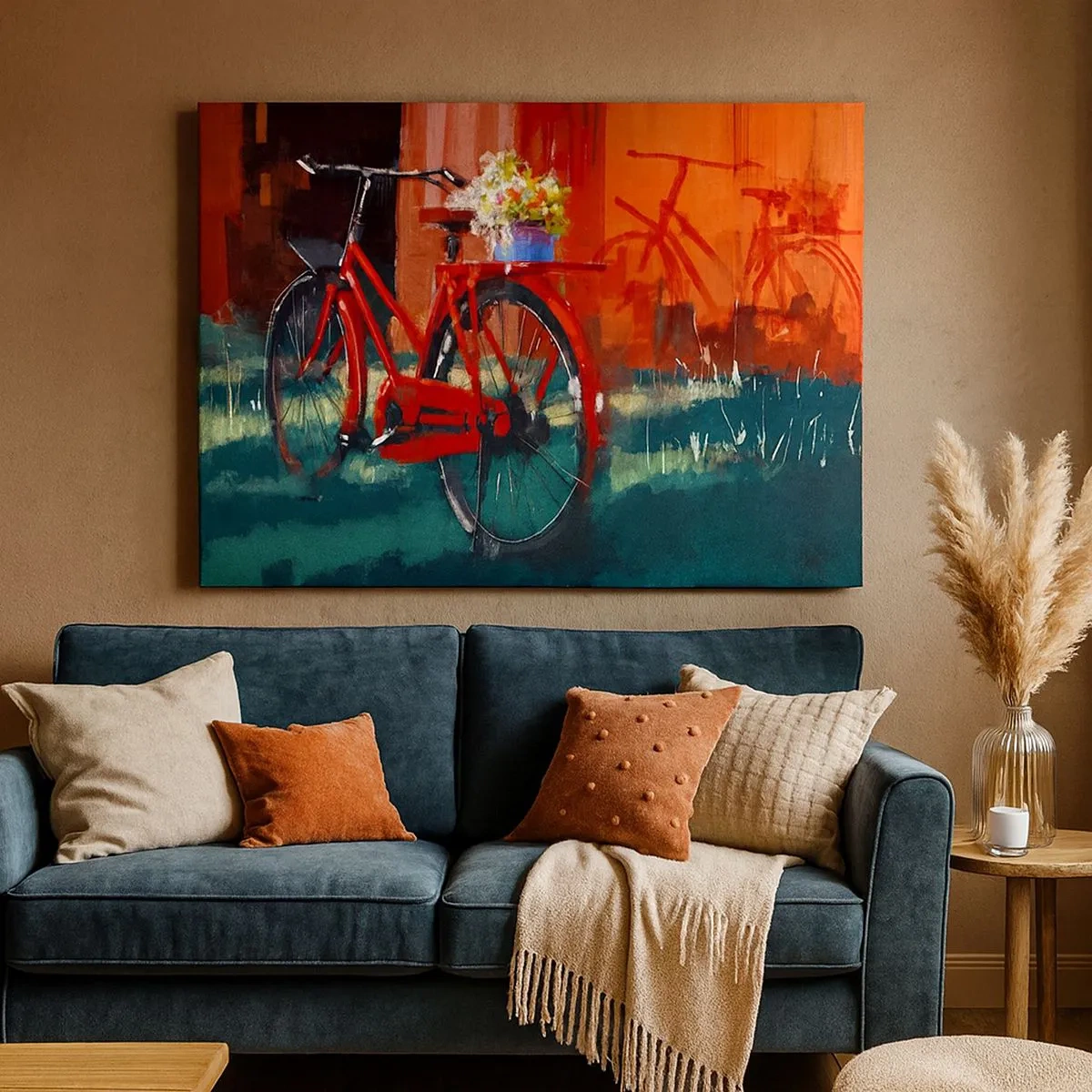 Tablou pe pânză Canvas - O bicicletă roșie cu flori pe un perete portocaliu - 70x50cm - I want to ride my bicycle - Decorațiune modernă pentru perete pentru living și dormitor ARTTOR