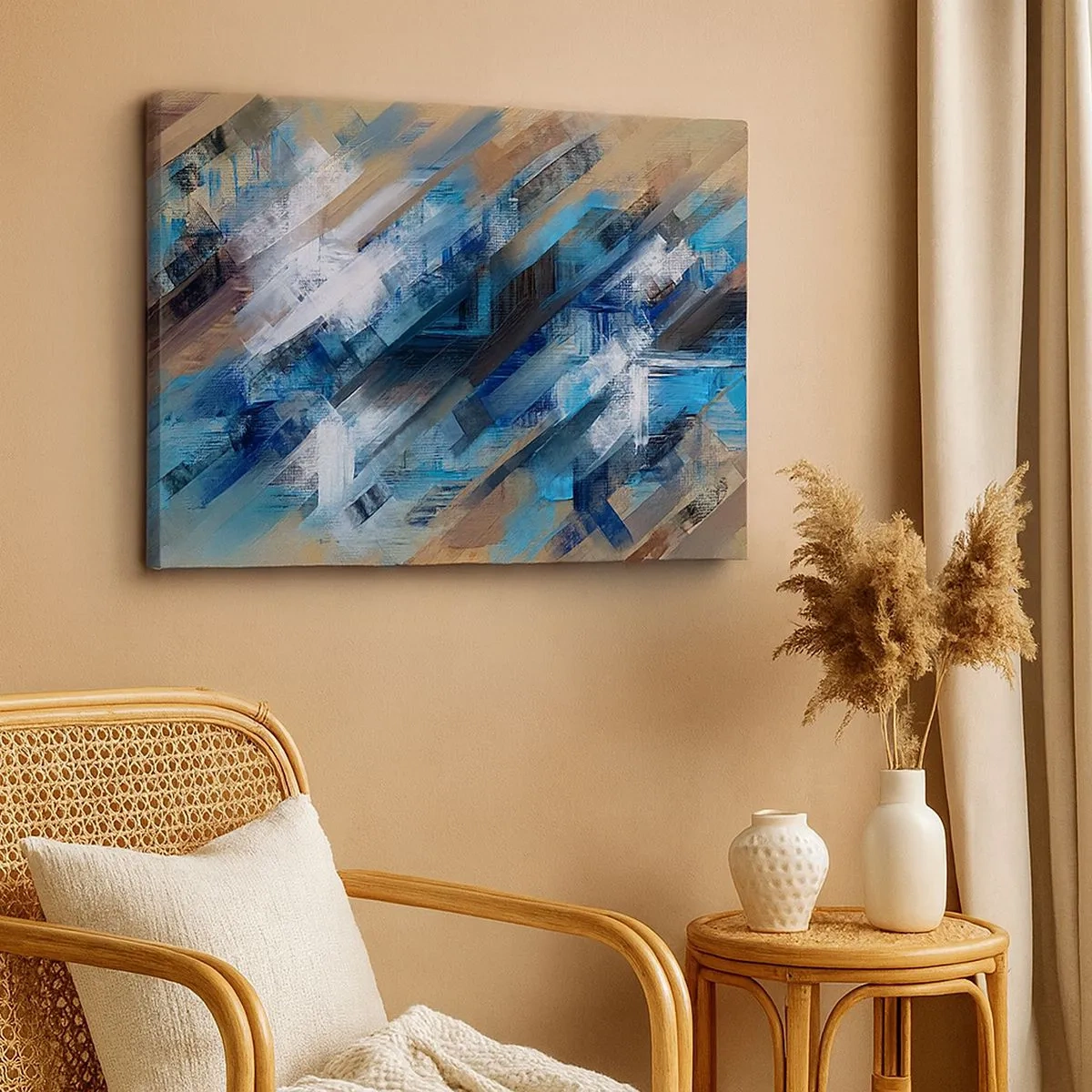 Tablou pe pânză Canvas - Compoziție abstractă cu linii diagonale albastre - 70x50cm - Pe o pantă albastră - Decorațiune modernă pentru perete pentru living și dormitor ARTTOR