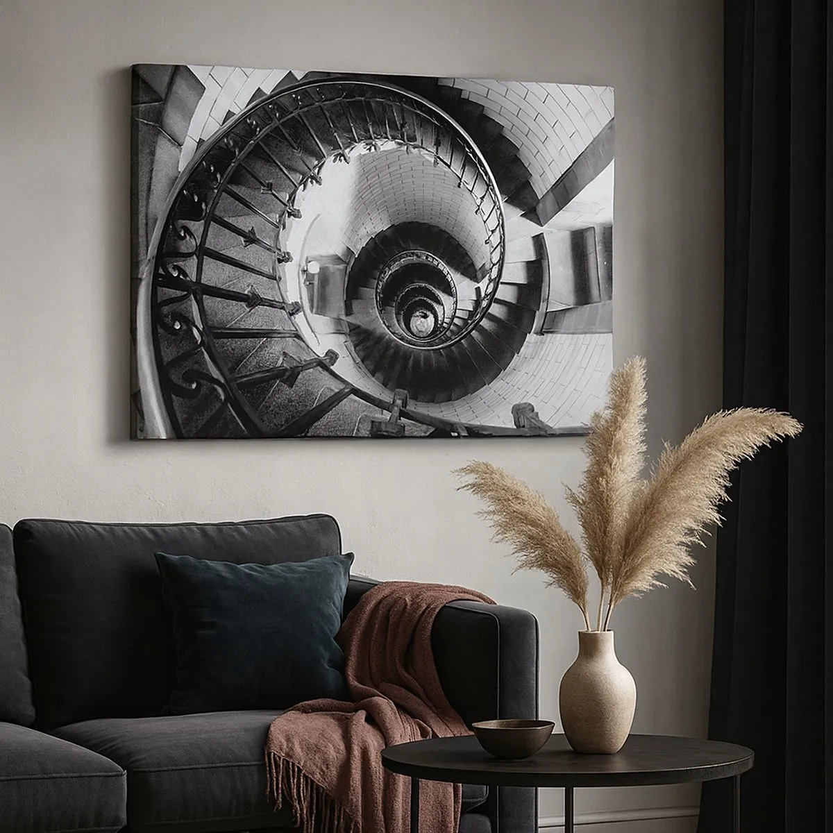 Tablou pe pânză Canvas - Fotografie alb-negru a unei scări în spirală cu perspectivă de sus în jos - 70x50cm - Din ce în ce mai sus - Decorațiune modernă pentru perete pentru living și dormitor ARTTOR