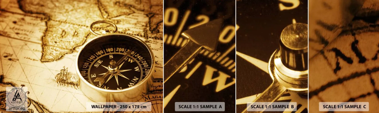 Mostră de Tapet Standard Eco - Est sau vest? - Călătorii, Hărțile lumii, Busolă - 100x30 cm