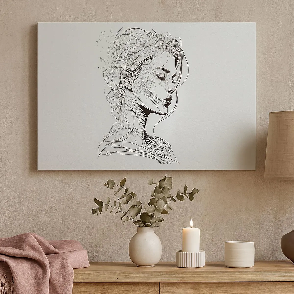 Tablou pe pânză Canvas - Un portret delicat al unei femei într-un stil grafic minimalist. - 70x50cm - Desenată cu linii - Decorațiune modernă pentru perete pentru living și dormitor ARTTOR