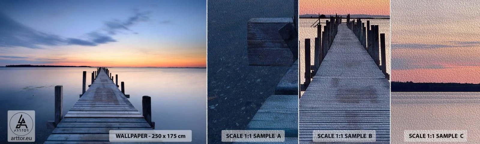 Mostră tapet Premium Sand - Calmul unui amurg senin - Peisaj, Dafin, Pod de lemn - 100x30 cm