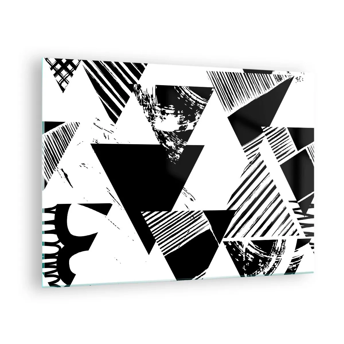 Tablou pe sticlă - Modele geometrice alb-negru cu motive triunghiulare - 70x50cm - Ploaie de triunghiuri - Decorațiune modernă pentru perete pentru living și dormitor ARTTOR