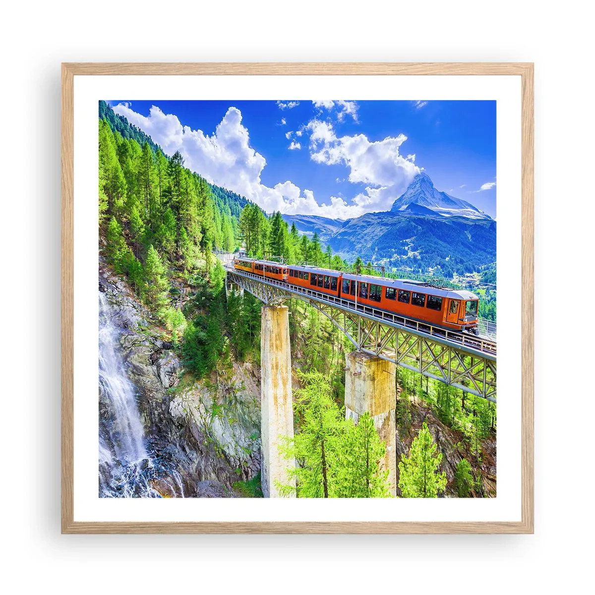Poster în ramă de stejar deschis - Calea ferată din Alpi - 60x60 cm