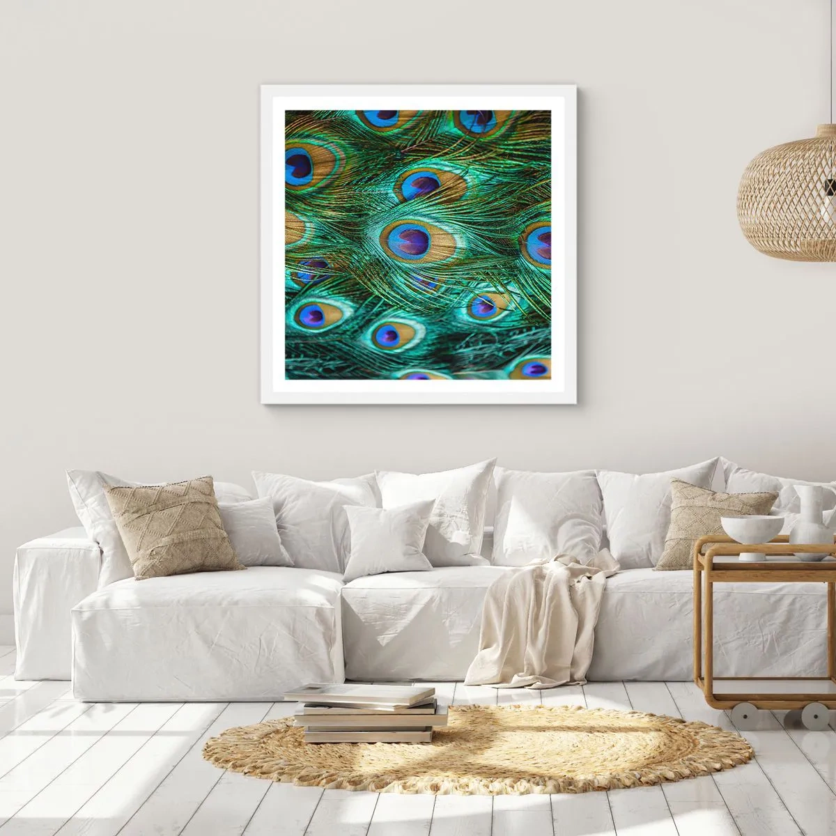 Poster în ramă albă - O privire cu ochi de păun - 50x50 cm