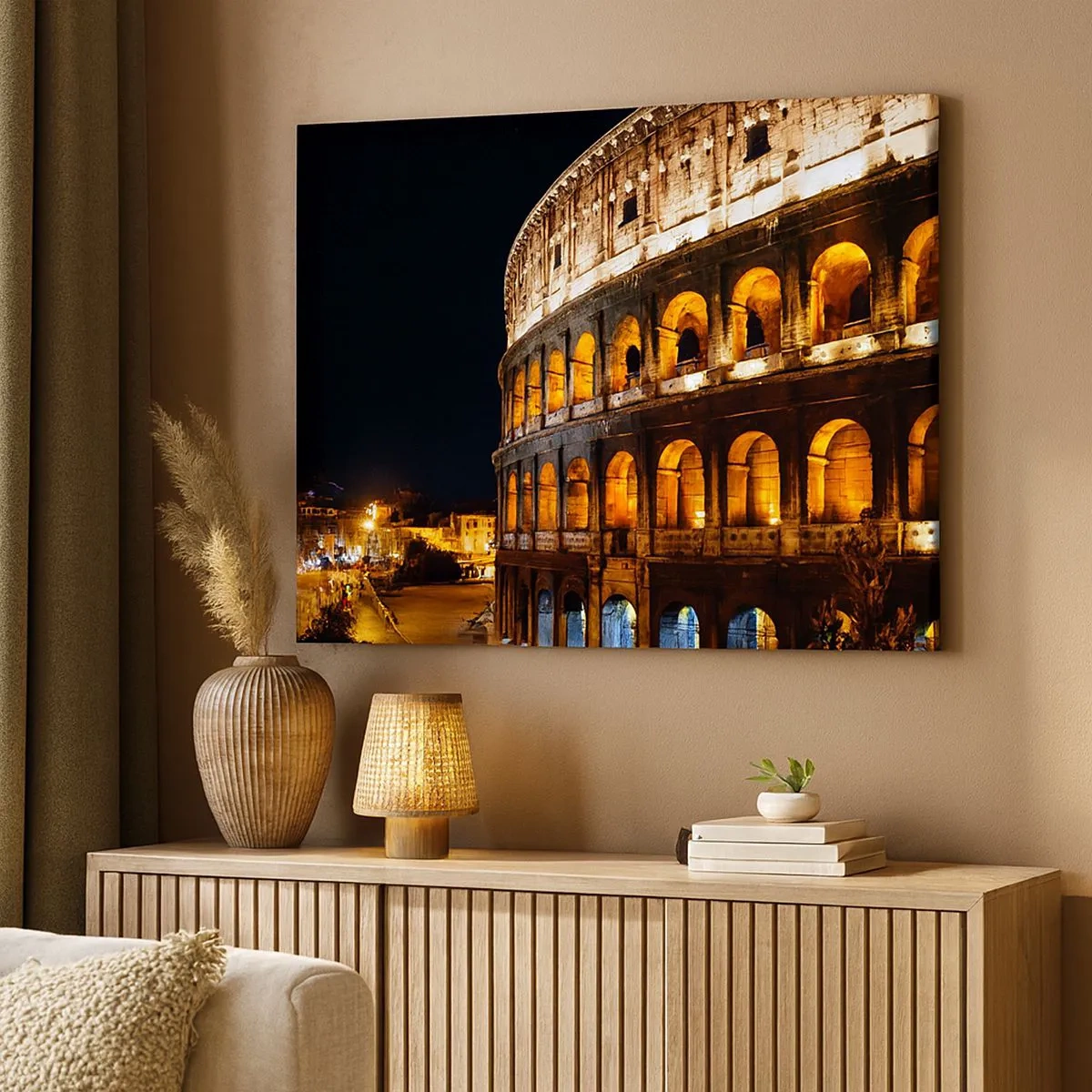 Tablou pe pânză Canvas - Colosseumul iluminat de lumini noaptea în Roma - 70x50cm - Să înceapă jocurile - Decorațiune modernă pentru perete pentru living și dormitor ARTTOR