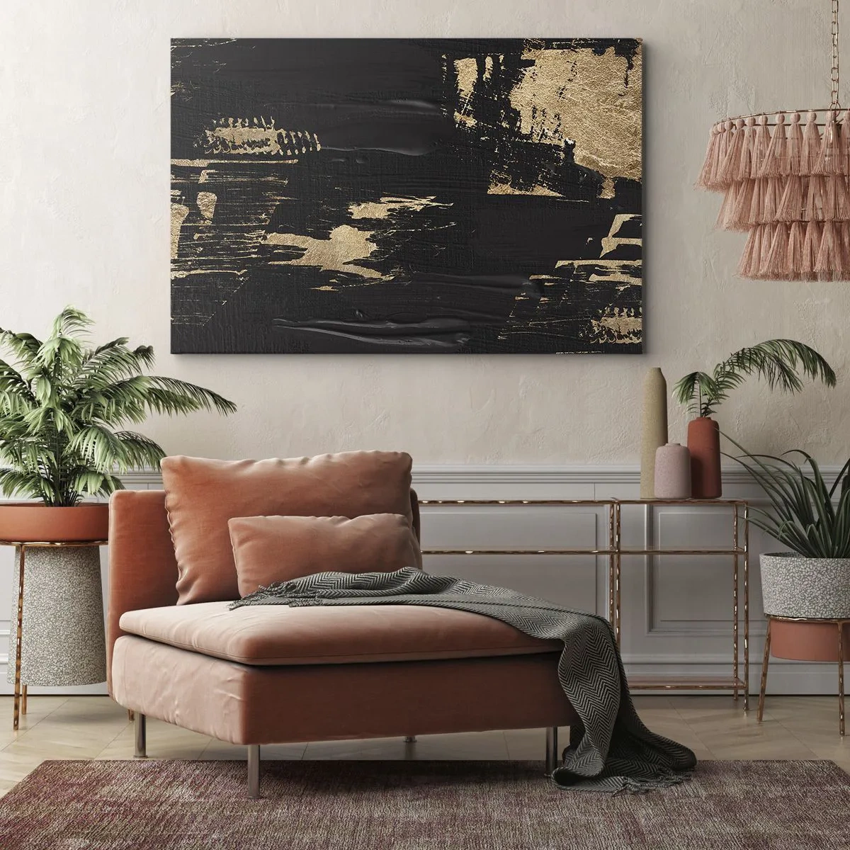 Tablou pe pânză Canvas - Compoziție abstractă în nuanțe de negru și auriu - 70x50cm - O urmă de atingere - Decorațiune modernă pentru perete pentru living și dormitor ARTTOR