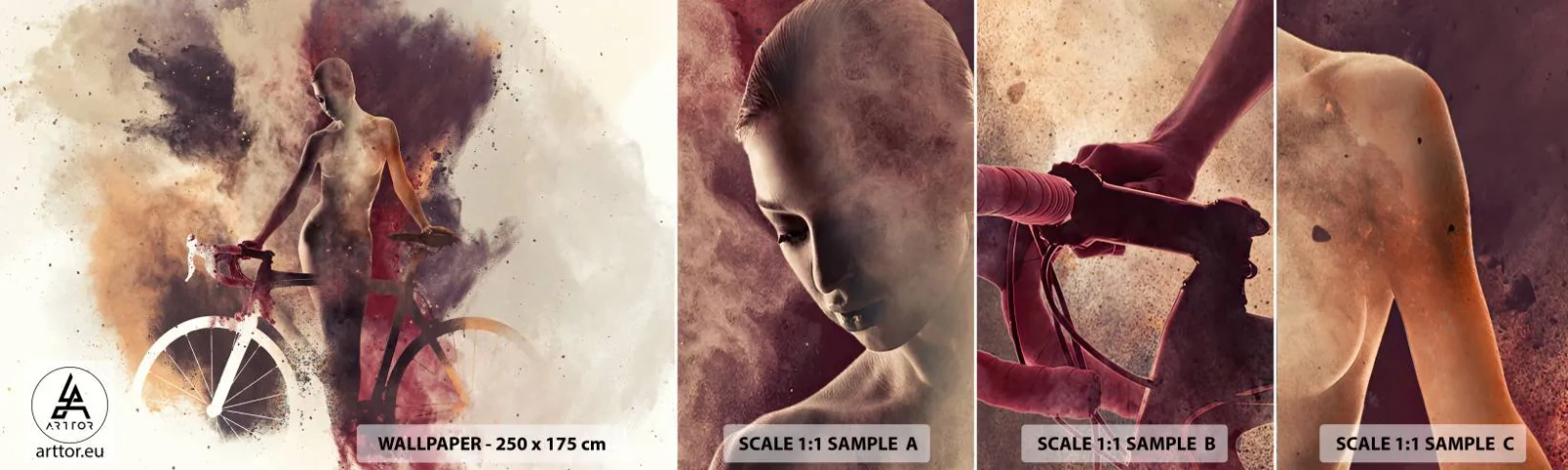 Mostră de Tapet Standard Eco - În forme de marmură sufletul ciclist - Abstracția, Femeie, Bicicleta - 100x30 cm