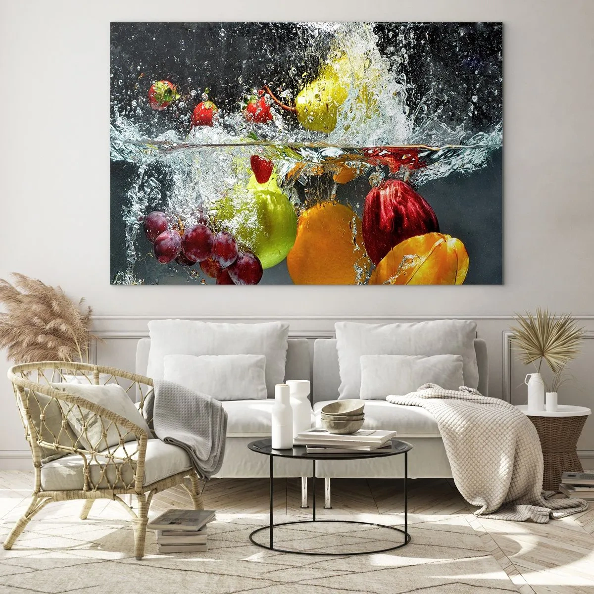Tablou pe sticlă - Fructe scufundate în apă cu stropi dinamici - 70x50cm - Răcoritoare cu fructe - Decorațiune modernă pentru perete pentru living și dormitor ARTTOR