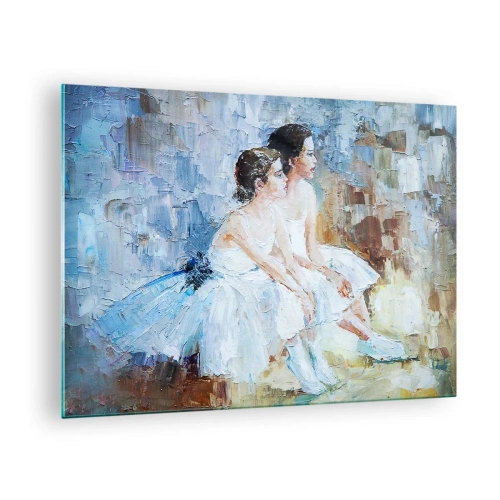 Tablou pe sticlă - Două balerine în rochii albe pe un fundal impresionist - 70x50cm - Odihna lebedelor tinere - Decorațiune modernă pentru perete pentru living și dormitor ARTTOR