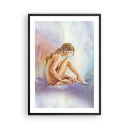 Poster în ramă neagră - O femeie pierdută în gânduri pe un fundal pastel - 50x70cm - Gest de tinerețe - Decorațiune modernă pentru perete pentru living și dormitor ARTTOR