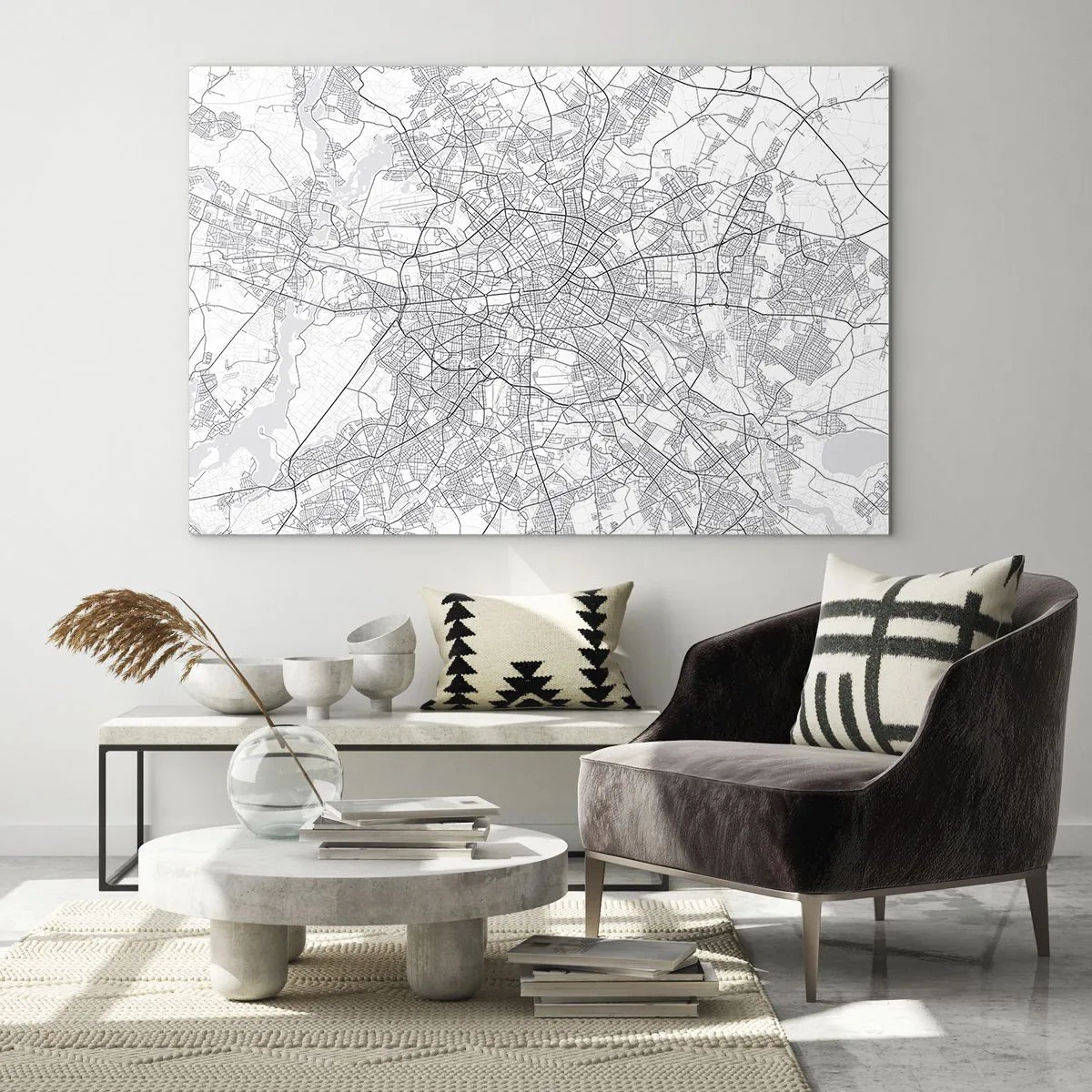Tablou pe sticlă - Hartă alb-negru a Berlinului cu o dispunere geometrică a străzilor - 70x50cm - Floare de Berlin - Decorațiune modernă pentru perete pentru living și dormitor ARTTOR
