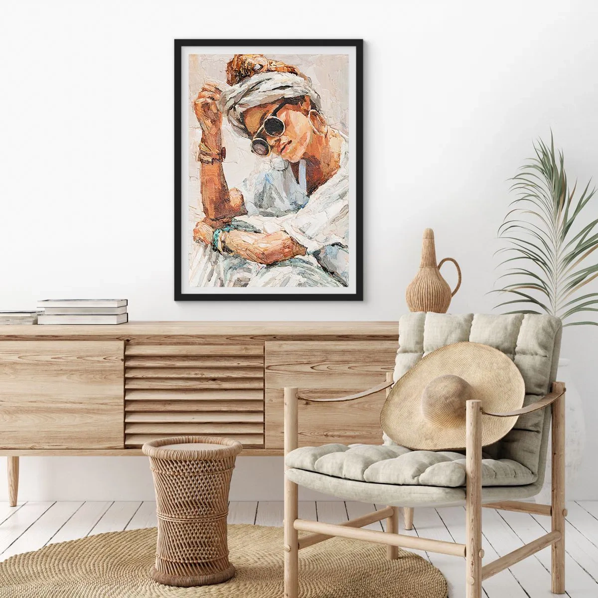 Poster în ramă neagră - Portretul unei femei cu ochelari și turban în stil impresionist - 50x70cm - Portret în plin soare - Decorațiune modernă pentru perete pentru living și dormitor ARTTOR