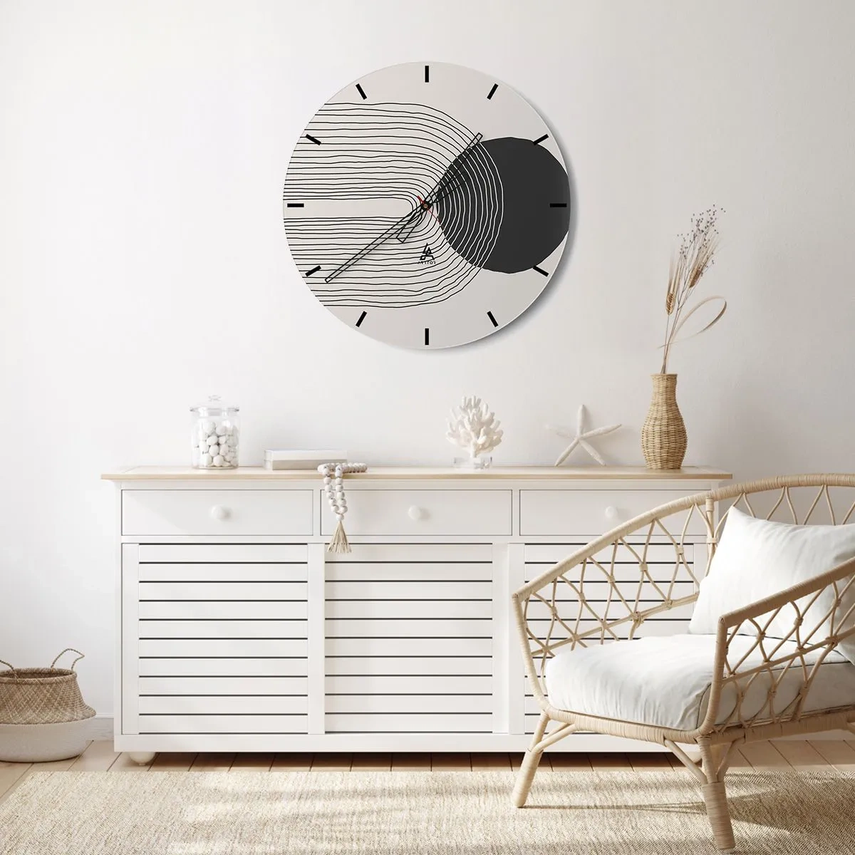 Ceas de perete - Ceas pe sticlă - Linii abstracte și un cerc negru pe un fundal deschis într-o compoziție grafică - 30x30cm - Tremurând și încrezător - Decorațiune modernă pentru perete pentru living, bucătărie și dormitor ARTTOR