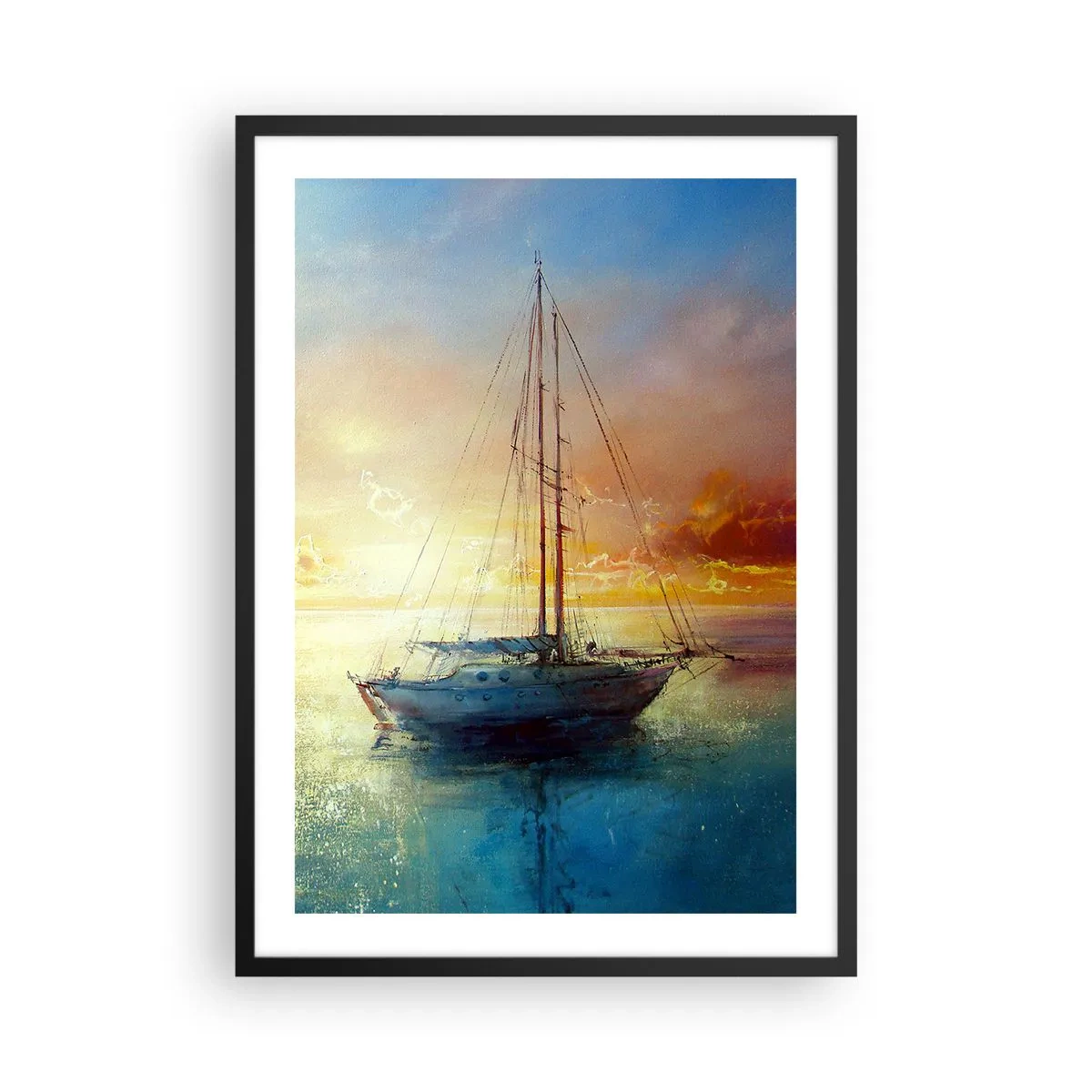 Poster în ramă neagră - Un iaht pe o mare calmă la apus - 50x70cm - Într-un golf de aur - Decorațiune modernă pentru perete pentru living și dormitor ARTTOR