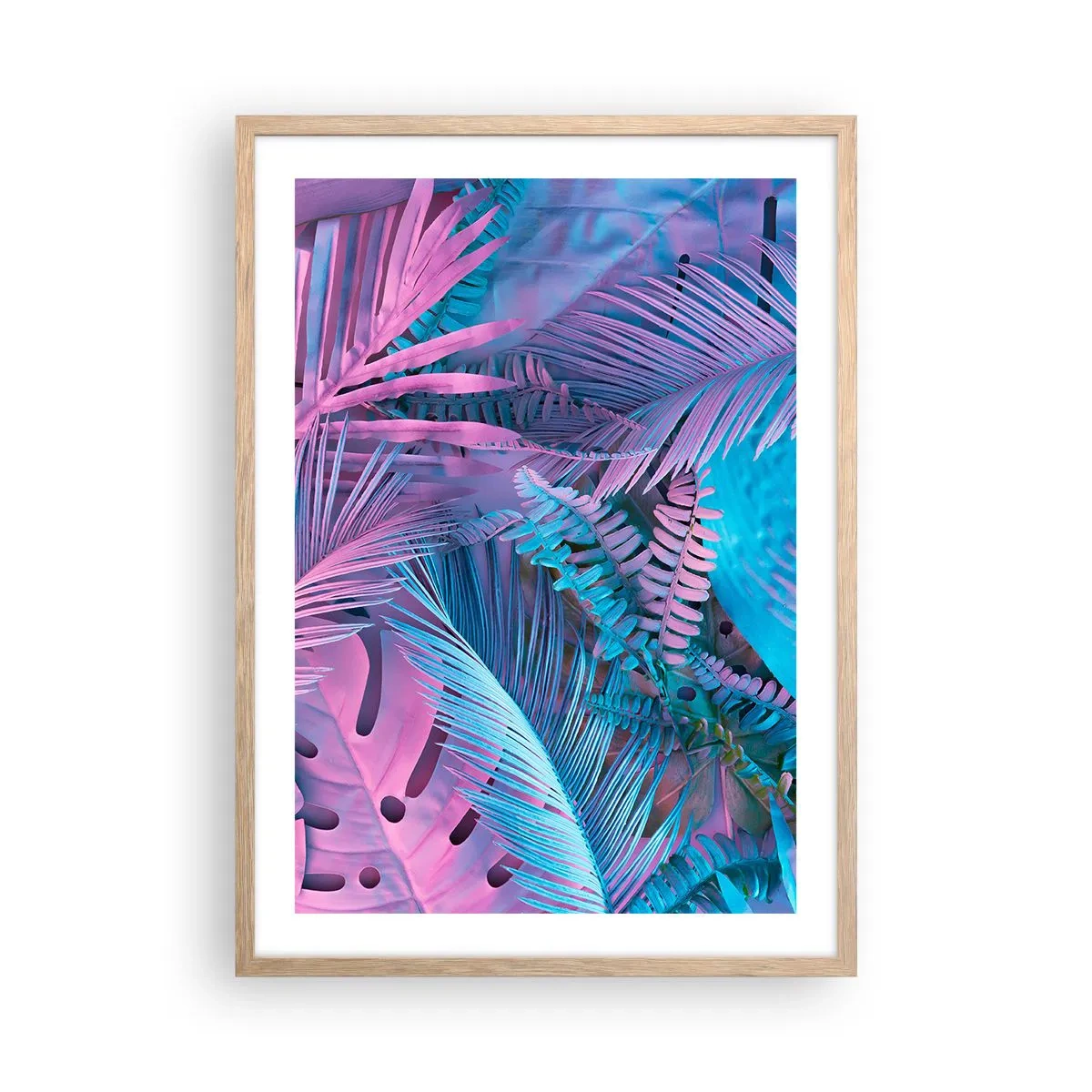 Poster în ramă de stejar deschis - Palmieri în alb și albastru - 50x70 cm